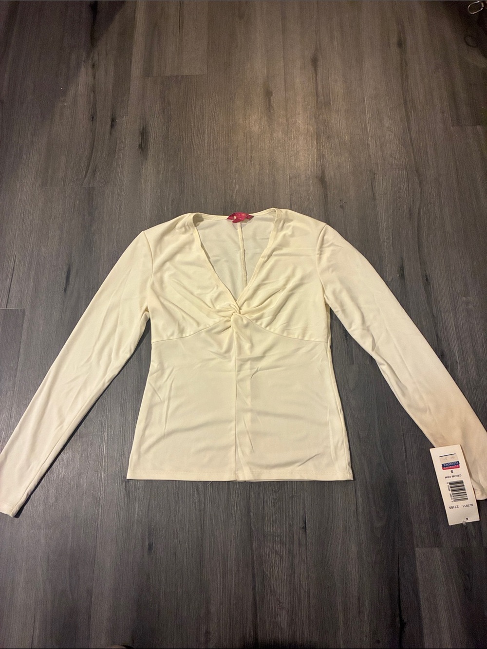 Sunny Leigh Ivory Twist-Front Long Sleeve V-Neck Top